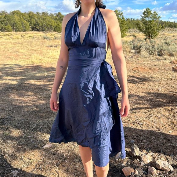 Midi Halterneck Open Back Taffeta Wrap Dress - Picture 1 of 5